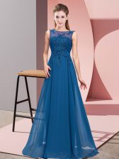  Floor Length Blue Quinceanera Court of Honor Dress Scoop Sleeveless Zipper