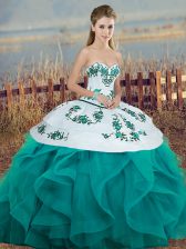  Turquoise Sleeveless Embroidery and Ruffles and Bowknot Floor Length Sweet 16 Dresses