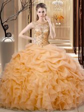 Sophisticated Sleeveless Organza Floor Length Lace Up Sweet 16 Dress in Orange with Beading and Ruffles