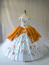Colorful Floor Length Gold Quinceanera Dresses Off The Shoulder Sleeveless Lace Up