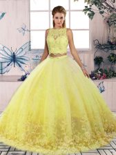  Yellow Scalloped Backless Lace Sweet 16 Dress Sweep Train Sleeveless
