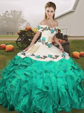 Beauteous Turquoise Lace Up Off The Shoulder Embroidery and Ruffles Vestidos de Quinceanera Organza Sleeveless