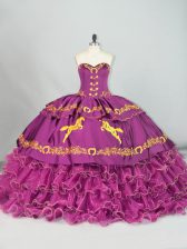 Admirable Purple Sleeveless Satin and Organza Brush Train Lace Up Sweet 16 Dresses for Sweet 16 and Quinceanera