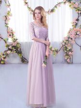  Lavender Dama Dress for Quinceanera Wedding Party with Lace and Belt V-neck Half Sleeves Side Zipper