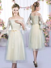 Wonderful Champagne Tulle Lace Up Damas Dress 3 4 Length Sleeve Tea Length Lace and Bowknot