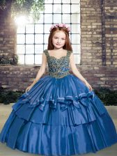  Blue Ball Gowns Straps Sleeveless Taffeta Floor Length Lace Up Beading Kids Pageant Dress