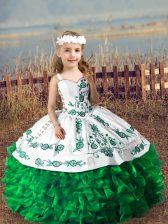 Most Popular Green Organza Lace Up Straps Sleeveless Floor Length Pageant Dress Wholesale Embroidery and Ruffles
