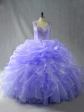  Organza Straps Sleeveless Zipper Beading and Ruffles 15th Birthday Dress in Lavender