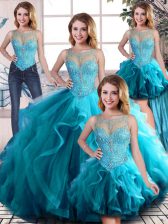 Glamorous Tulle Scoop Sleeveless Lace Up Beading and Ruffles Sweet 16 Dresses in Aqua Blue