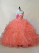  Organza and Tulle Sweetheart Sleeveless Lace Up Beading and Ruffles Sweet 16 Dress in Orange