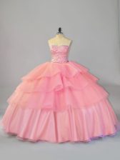 Clearance Watermelon Red Ball Gown Prom Dress Sweetheart Sleeveless Brush Train Lace Up