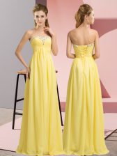  Yellow Sleeveless Beading Floor Length Prom Evening Gown