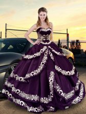  Purple Ball Gowns Embroidery and Ruffled Layers 15th Birthday Dress Lace Up Satin and Silk Like Satin Sleeveless Floor Length
