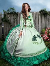  Turquoise Ball Gowns Satin and Organza Sweetheart Sleeveless Embroidery and Ruffles Floor Length Lace Up Quince Ball Gowns