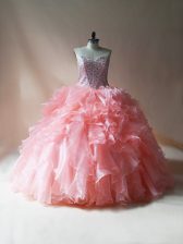 Great Organza Sweetheart Sleeveless Lace Up Beading and Ruffles Quinceanera Gowns in Pink 