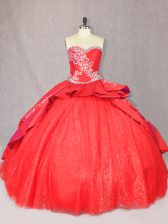 Sophisticated Red Ball Gowns Sweetheart Sleeveless Tulle Floor Length Court Train Lace Up Embroidery Vestidos de Quinceanera