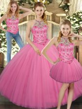 Elegant Rose Pink Three Pieces Tulle Halter Top Sleeveless Embroidery Floor Length Lace Up Quinceanera Gowns