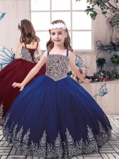 Fashionable Straps Sleeveless Little Girl Pageant Gowns Floor Length Beading and Embroidery Blue Tulle