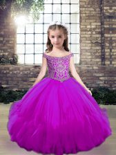 Elegant Sleeveless Tulle Floor Length Lace Up Pageant Gowns For Girls in Fuchsia with Beading