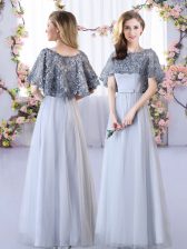  Grey Tulle Lace Up Straps Sleeveless Floor Length Court Dresses for Sweet 16 Appliques