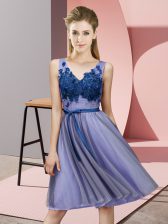 Spectacular Knee Length Lace Up Quinceanera Court of Honor Dress Lavender for Wedding Party with Appliques