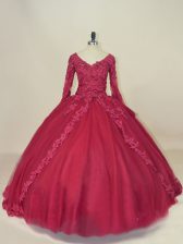 Fine Lace and Appliques Sweet 16 Dress Red Lace Up Long Sleeves Floor Length