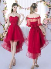 Colorful Wine Red Tulle Lace Up Sweetheart Sleeveless High Low Vestidos de Damas Lace