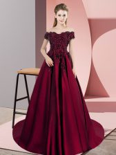 Pretty Wine Red Off The Shoulder Zipper Appliques Quinceanera Gown Court Train Sleeveless