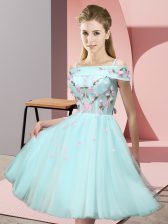 Custom Design Short Sleeves Knee Length Appliques Lace Up Quinceanera Dama Dress with Aqua Blue