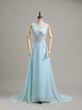  Baby Blue Chiffon Side Zipper One Shoulder Sleeveless Prom Party Dress Brush Train Beading