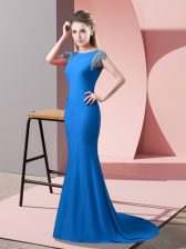  Blue Elastic Woven Satin Backless High-neck Short Sleeves Evening Dress Brush Train Beading