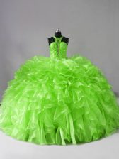  Halter Top Sleeveless Organza Quinceanera Dresses Beading and Ruffles Brush Train Zipper