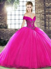 Cheap Off The Shoulder Sleeveless Brush Train Lace Up Sweet 16 Dress Fuchsia Organza