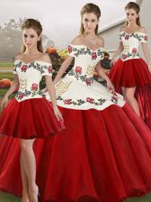  White And Red Sleeveless Floor Length Embroidery Lace Up 15 Quinceanera Dress