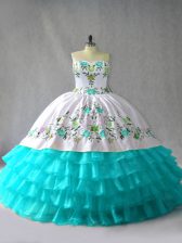 Eye-catching Blue And White Lace Up Quince Ball Gowns Embroidery and Ruffled Layers Sleeveless Floor Length