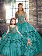 Perfect Teal Straps Neckline Beading and Ruffled Layers Quinceanera Gowns Sleeveless Lace Up