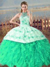  Embroidery and Ruffles Quinceanera Gowns Turquoise Lace Up Sleeveless Court Train