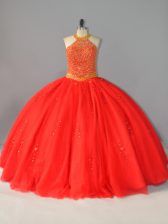 Decent Floor Length Lace Up Quinceanera Gown Red for Sweet 16 and Quinceanera with Beading