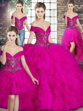 Great Off The Shoulder Sleeveless Lace Up 15 Quinceanera Dress Fuchsia Tulle