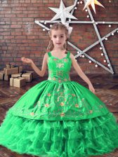 Excellent Green Lace Up Straps Embroidery and Ruffled Layers Girls Pageant Dresses Satin and Organza Sleeveless