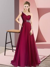 One Shoulder Sleeveless Prom Dresses Brush Train Beading Burgundy Chiffon