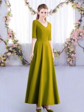 Decent Half Sleeves Ankle Length Ruching Zipper Quinceanera Dama Dress with Olive Green