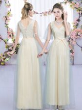 Flirting Champagne Tulle Lace Up V-neck Sleeveless Floor Length Quinceanera Court of Honor Dress Lace and Bowknot