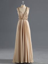 Fashion Champagne Evening Dress Prom and Party and Military Ball with Ruching Straps Sleeveless Criss Cross