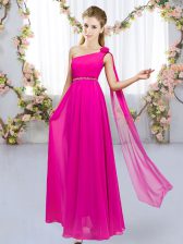  Sleeveless Chiffon Floor Length Lace Up Vestidos de Damas in Hot Pink with Beading and Hand Made Flower