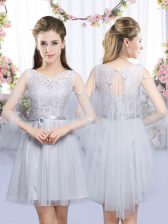  Sleeveless Tulle Mini Length Lace Up Vestidos de Damas in Grey with Lace and Belt