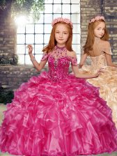 Excellent Floor Length Ball Gowns Sleeveless Hot Pink Little Girls Pageant Gowns Lace Up