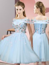 Custom Designed Light Blue Lace Up Damas Dress Appliques Short Sleeves Knee Length