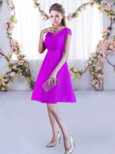  Fuchsia V-neck Neckline Lace Quinceanera Court of Honor Dress Cap Sleeves Lace Up
