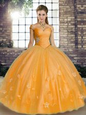  Ball Gowns Quinceanera Dress Orange Off The Shoulder Tulle Sleeveless Floor Length Lace Up